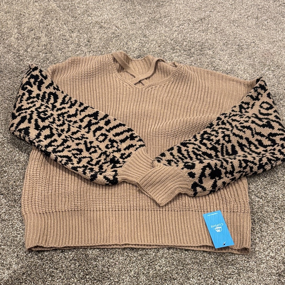 Banana Republic Tan Sweater with Black Animal Print Sleeves